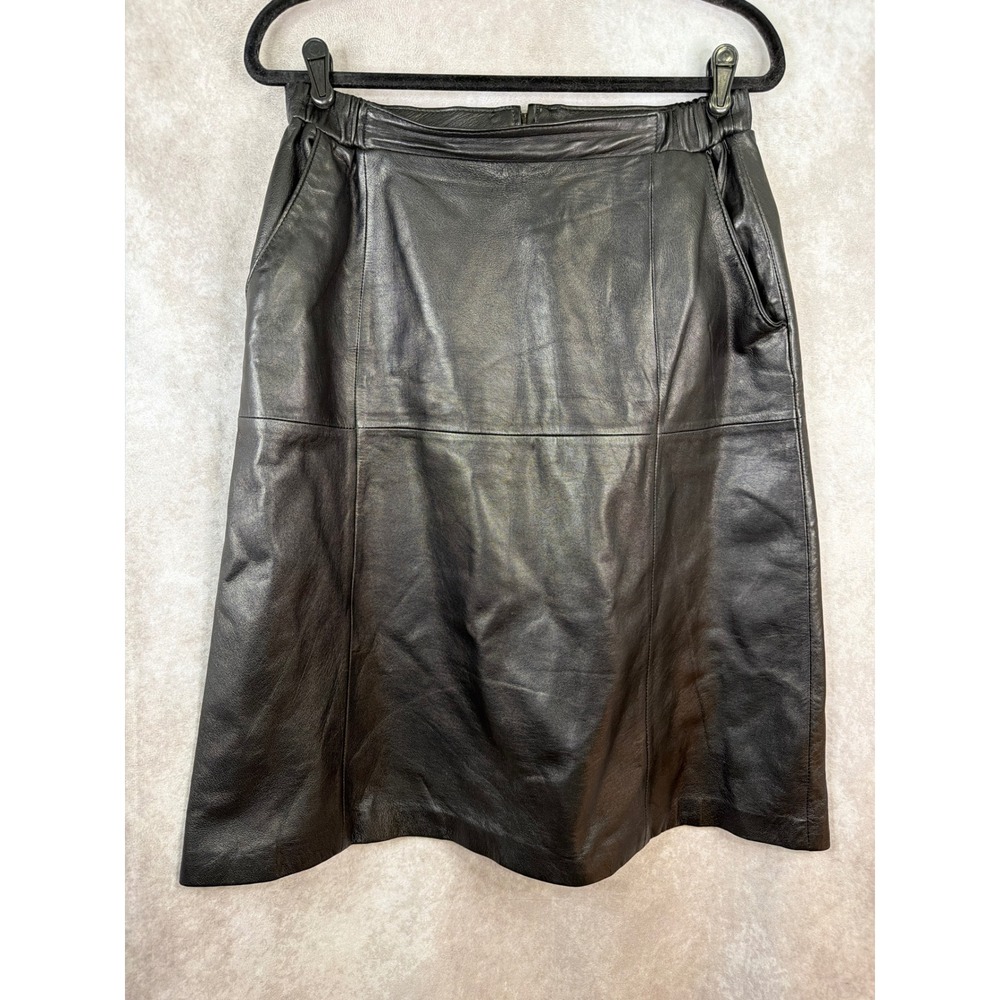 VTG Deerskin Leather Skirt Women Size 16 Black A-Line Midi Pockets Elastic Waist